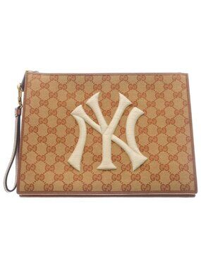 Gucci GG Canvas NY Embroidery Clutch Second Gold Beige